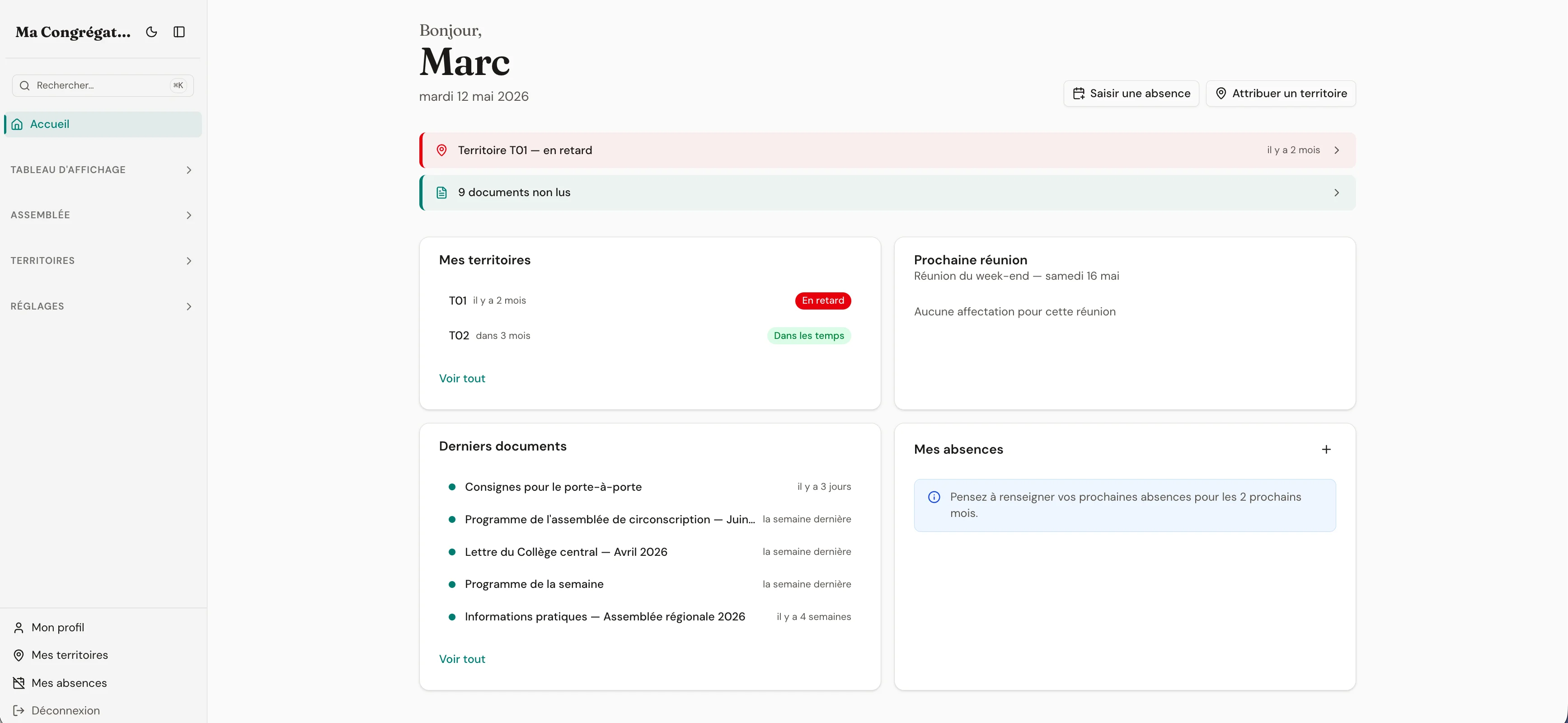 Unitae dashboard — territory management and congregation overview